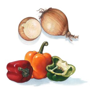 An illustration of onions and peppers